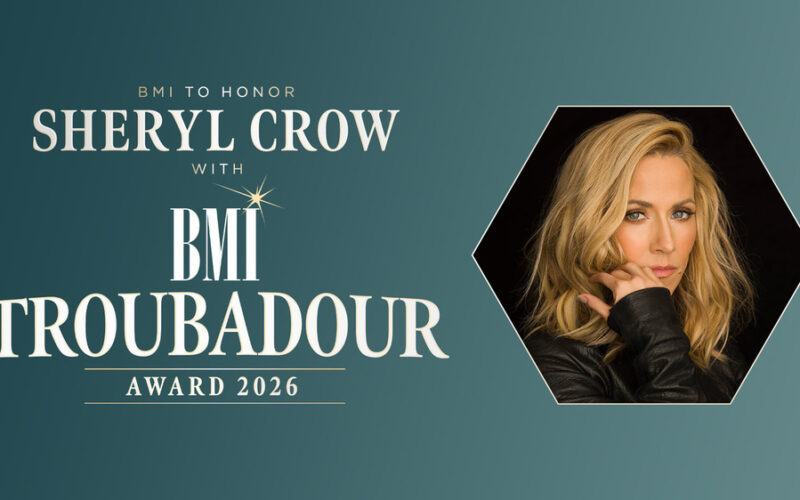 Sheryl Crow portrait in a graphic announcing her 2026 BMI Troubadour Award.