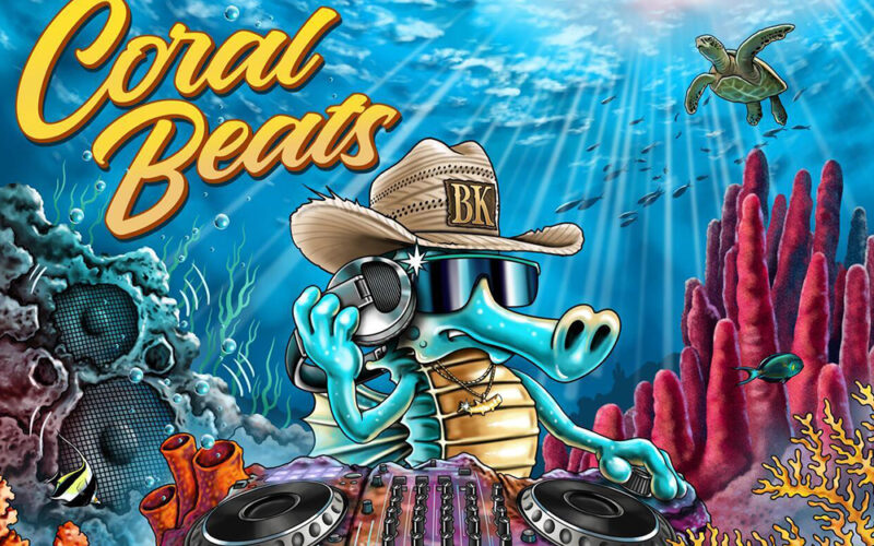 Coral Beats album artwork by Brian Kelley, showing a cartoon seahorse DJ in a cowboy hat at underwater turntables.