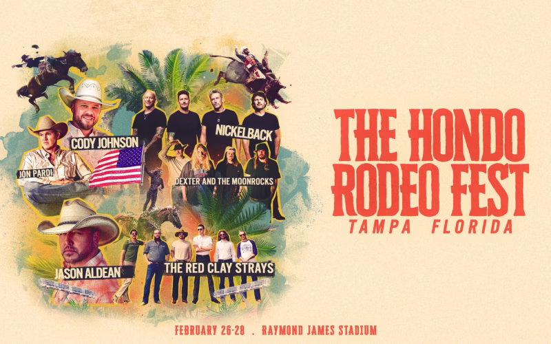 The Hondo Rodeo Fest Tampa lineup poster featuring Cody Johnson, Jason Aldean, Nickelback, Jon Pardi, and The Red Clay Strays.