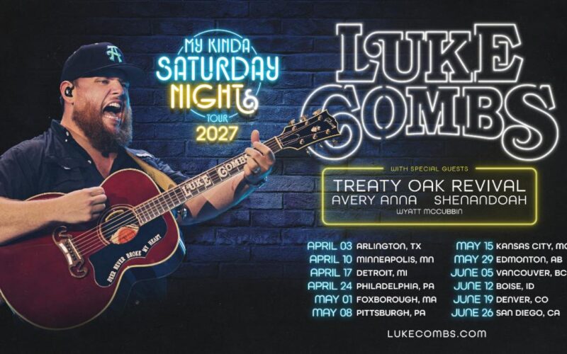 Luke Combs playing guitar on the My Kinda Saturday Night Tour 2027 poster, with North American dates and special guests.